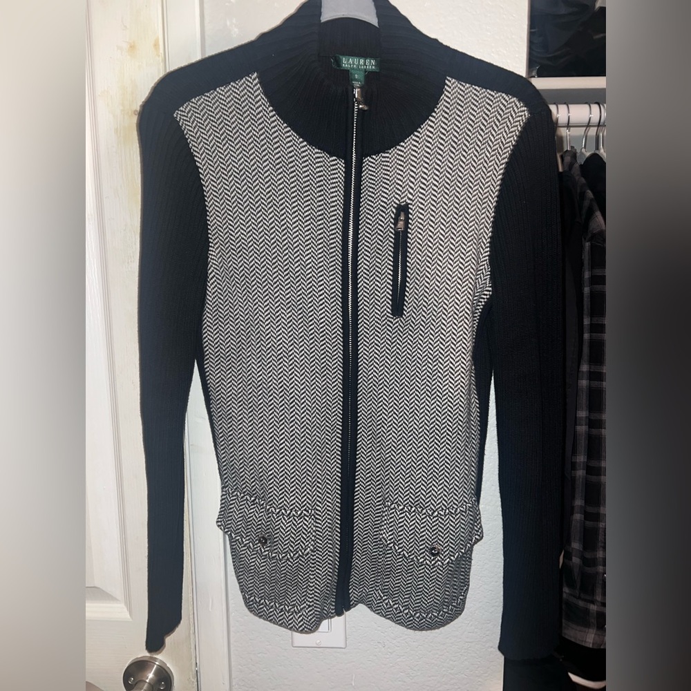 Ralph Lauren Black White Herringbone Cardigan Sweater Size S